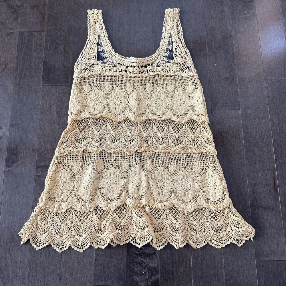 Solitaire Womens Crochet Open Knit‎ Lace Tiered Tank Coquette Western Yellow S